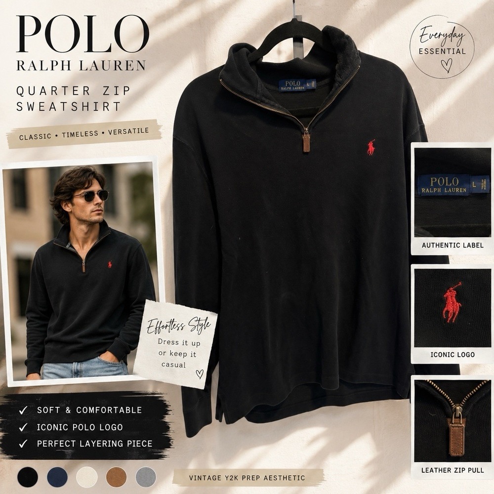 Polo Ralph Lauren Black Quarter Zip Sweatshirt Mens Large Red Pony Pullover‎